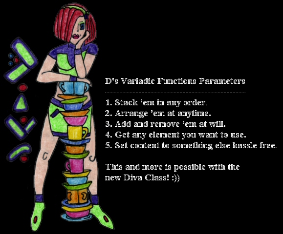 Dyriia dishes out an illustration that Diva has ability to handle D's stacked Variadic Functions Parameters.